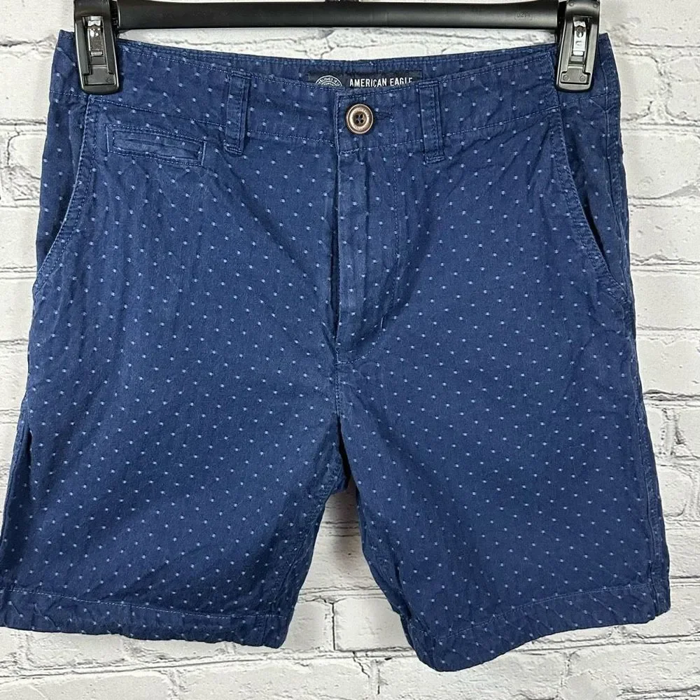 American Eagle Men’s Shorts Flat Front Prep Navy Blue Embroidered Dots 28